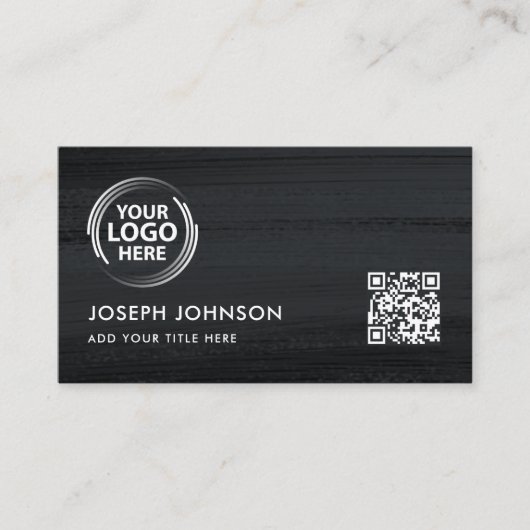 モダン白黒ロゴダークグレーブラシQRコード 名刺 (正面)
