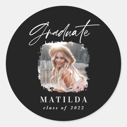 モダン白黒台本の写真エレガント卒業 ラウンドシール (正面)