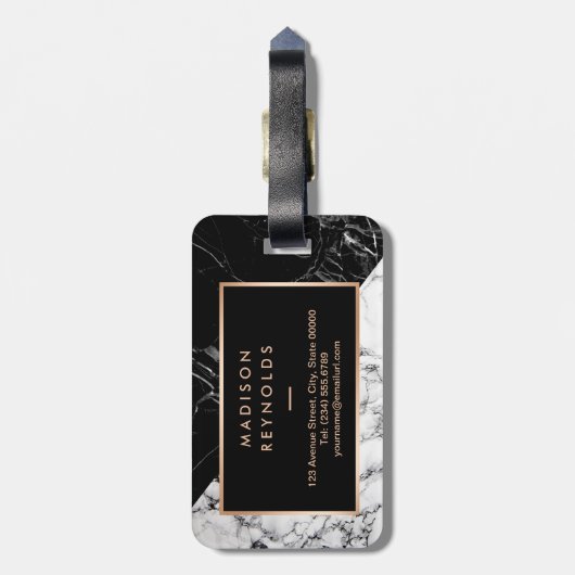 モダン白黒大理石テクスチャースタイリッシュモノグラム ラゲッジタグ (裏面縦)