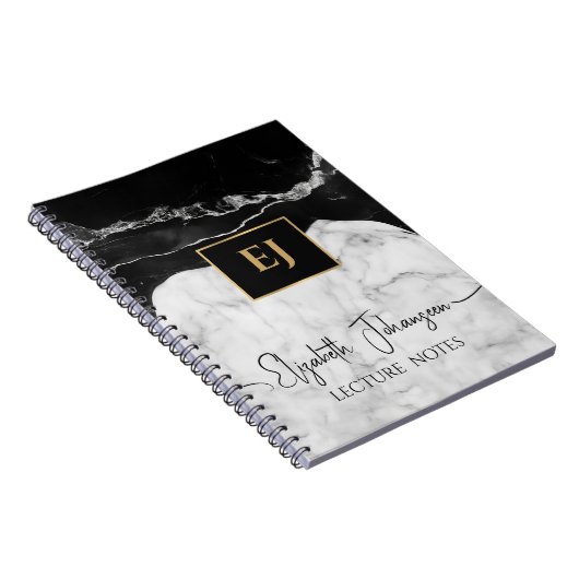 モダン白黒大理石テクスチャ金ゴールドモノグラムの ノートブック (右側)