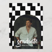 モダン白黒市松模様にArch写真卒業 招待状 (正面/裏面)