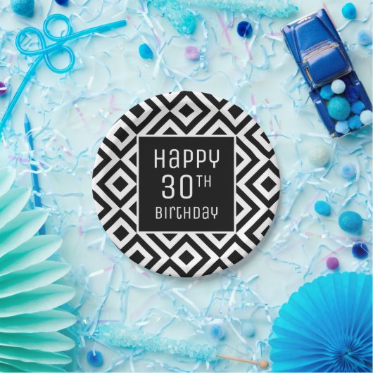 モダン白黒幾何学的30th誕生日パーティー ペーパープレート (パーティー)
