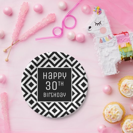 モダン白黒幾何学的30th誕生日パーティー ペーパープレート (パーティー)