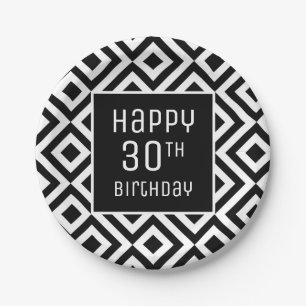 モダン白黒幾何学的30th誕生日パーティー ペーパープレート