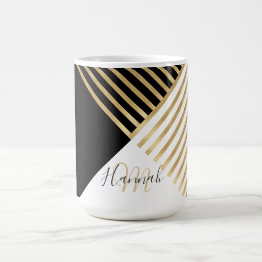 モダン白黒幾何金ゴールドストライプ コーヒーマグカップ (中央)
