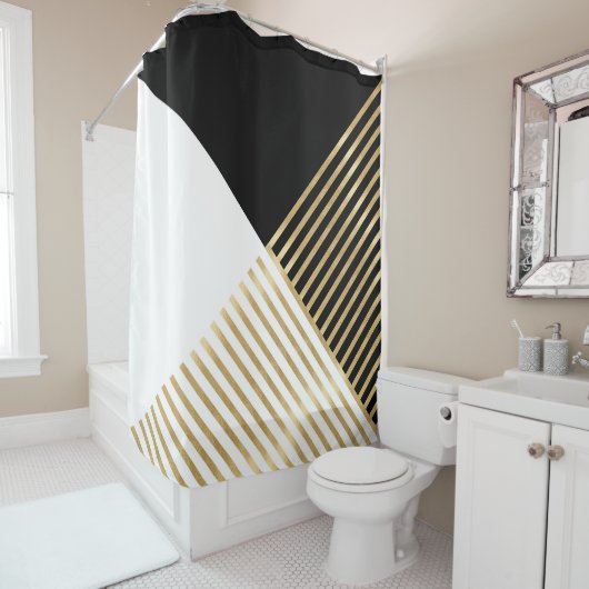 モダン白黒幾何金ゴールドストライプ シャワーカーテン (インサイチュ)