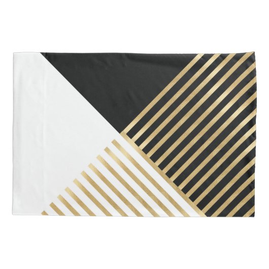 モダン白黒幾何金ゴールドストライプ 枕カバー (裏面-左)