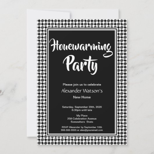 モダン白黒引っ越し祝いパーティーパーティー 招待状 (正面)