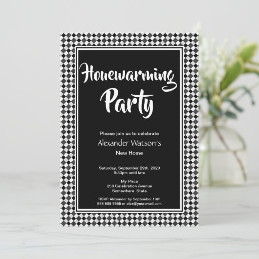 モダン白黒引っ越し祝いパーティーパーティー 招待状 (スタンド正面)