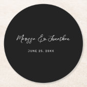 モダン白黒手書きスクリプ結婚ト ラウンドペーパーコースター (正面)