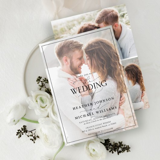 モダン白黒書フェイクVellum 4写真 招待状