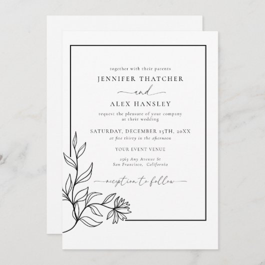 モダン白黒植物学QRコー結婚ド 招待状 (正面/裏面)