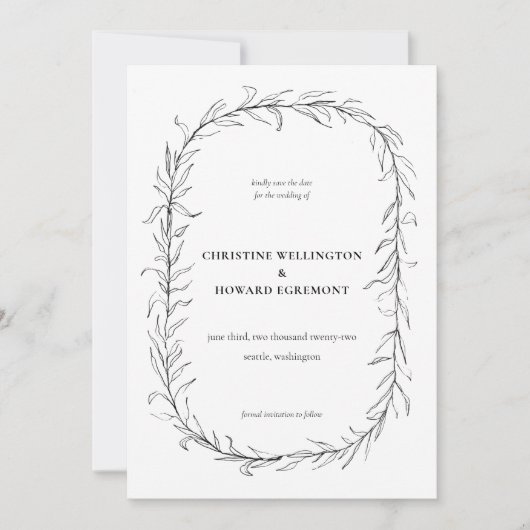 モダン白黒植物性リース結婚ズ セーブザデート (正面)