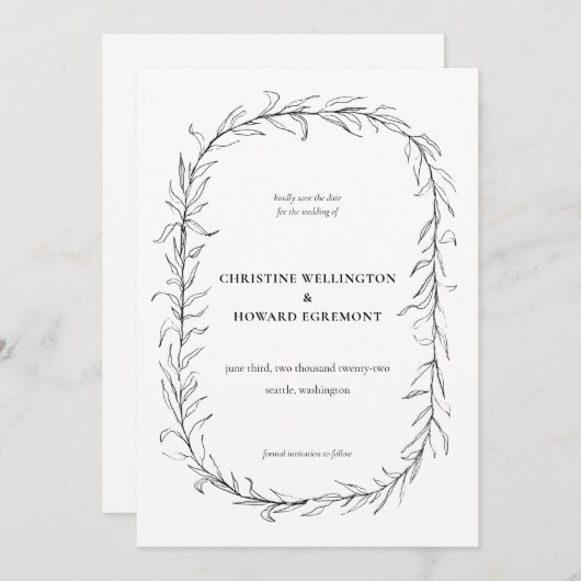 モダン白黒植物性リース結婚ズ セーブザデート (正面/裏面)