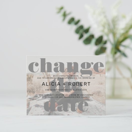 モダン白黒結婚の写真で日付を変える 案内ポストカード (スタンド正面)