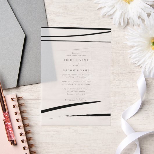 モダン白黒結婚抽象芸術 ベラム紙招待状 (ウェディング)