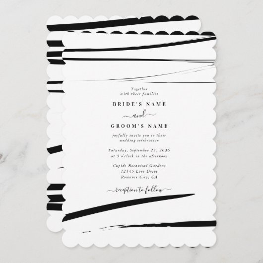 モダン白黒結婚抽象芸術 招待状 (正面/裏面)