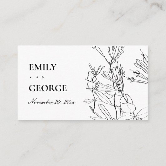 モダン白黒線スケッチフローラ座席表 名刺 (裏面)