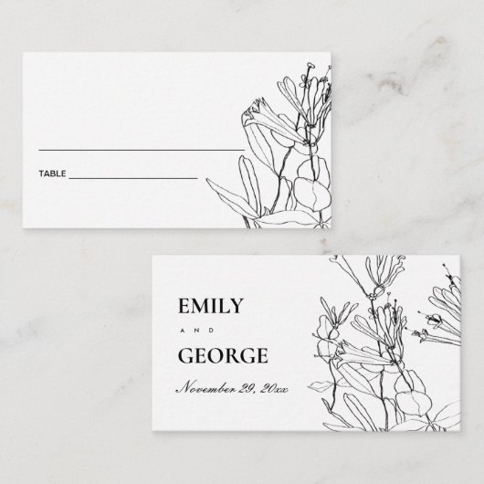 モダン白黒線スケッチフローラ座席表 名刺 (正面/裏面)