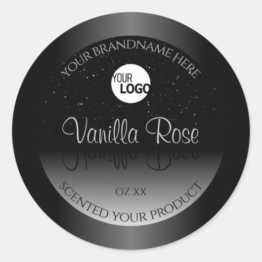 モダン白黒製品ラベルソフトグリッターロゴ ラウンドシール (正面)