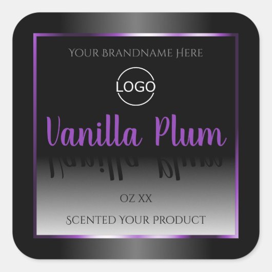 モダン白黒製品ラベル紫色のフレームロゴ スクエアシール (正面)