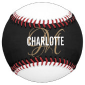 モダン白黒金ゴールドスクリプトモノグラム名 ソフトボール (裏面)