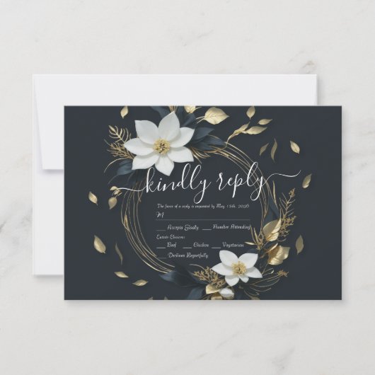 モダン白黒金ゴールドフローラリースウェディングRSVP 出欠カード (正面)