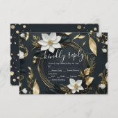 モダン白黒金ゴールドフローラリースウェディングRSVP 出欠カード (正面/裏面)