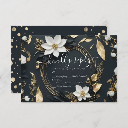 モダン白黒金ゴールドフローラリースウェディングRSVP 出欠カード (正面/裏面)