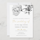 モダン白黒金ゴールド手描きバラ結婚ズ 招待状 (正面)