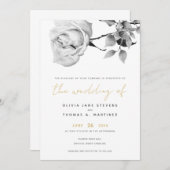 モダン白黒金ゴールド手描きバラ結婚ズ 招待状 (正面/裏面)