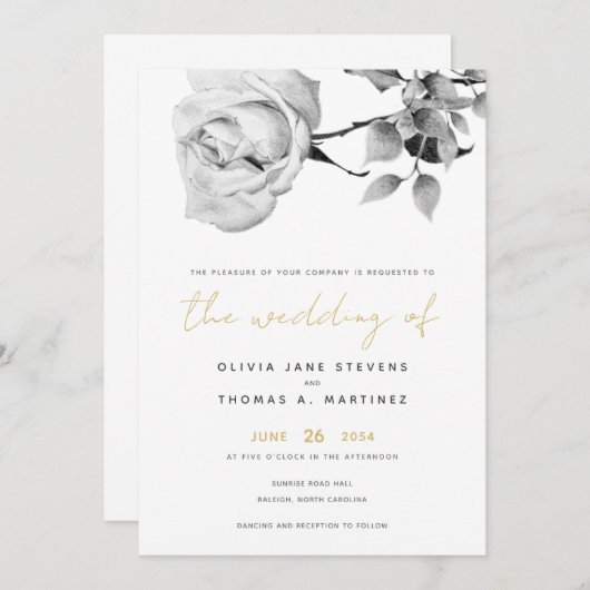 モダン白黒金ゴールド手描きバラ結婚ズ 招待状 (正面/裏面)