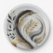 モダン白黒金ゴールド植物学 ペーパープレート (正面)