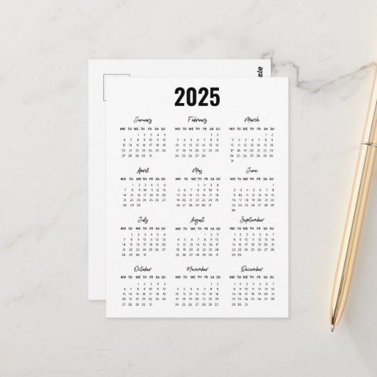 モダン白黒2025カレンダーの年末表示 ポストカード (正面/裏面インサイチュ)