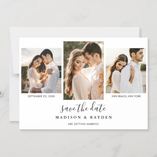 モダン白黒3写真結婚式の日付の保存 マグネット招待状 (正面)