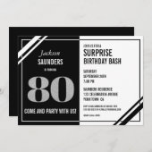 モダン白黒80thサプライズ誕生日パーティー 招待状 (正面/裏面)