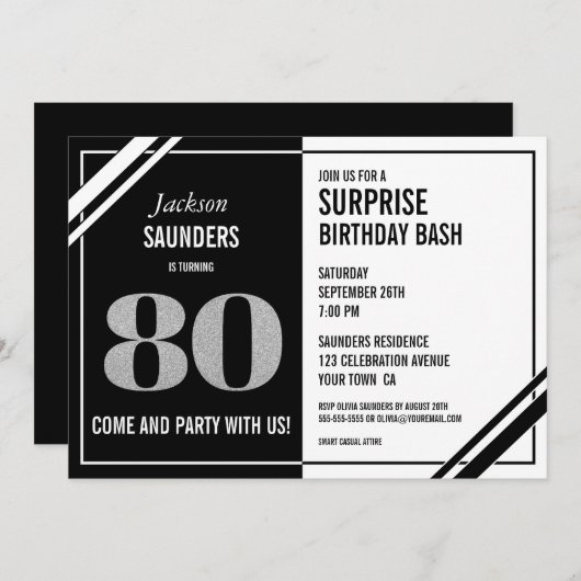 モダン白黒80thサプライズ誕生日パーティー 招待状 (正面/裏面)