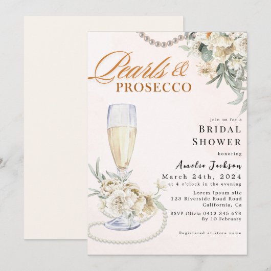 モダン真珠とプロセッコフローラブライダルシャワー 招待状 (正面/裏面)