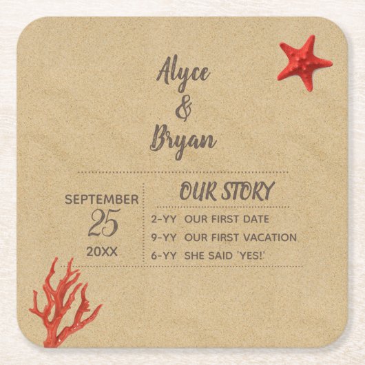 モダン砂とコーパーソナライズされたル結婚ズ スクエアペーパーコースター (正面)