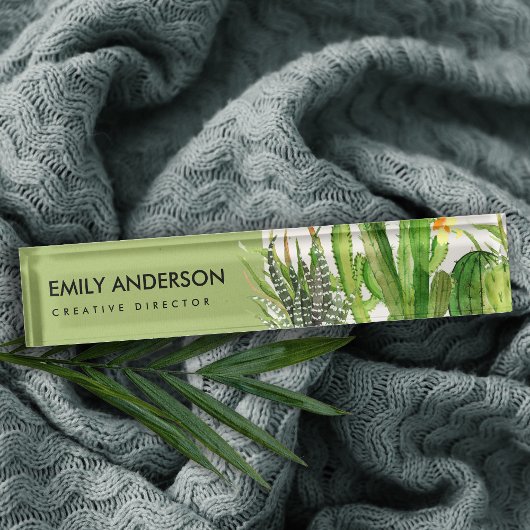 モダン砂漠サボテンフローラガーデン水彩 デスクネームプレート