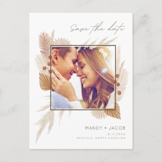 モダン秋の結婚式写真Boho日付を保存 案内ポストカード (正面)