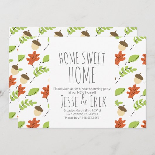 モダン秋ツリーズアンドアコーン引っ越し祝いパーティーパーティー 招待状 (正面/裏面)
