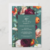モダン秋フローラティール(緑がかった色)40th誕生日パーティー 招待状 (正面)