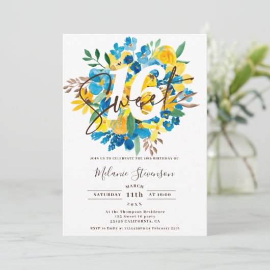 モダン秋ブルーイエローフローラシック写真甘い16 招待状 (スタンド正面)