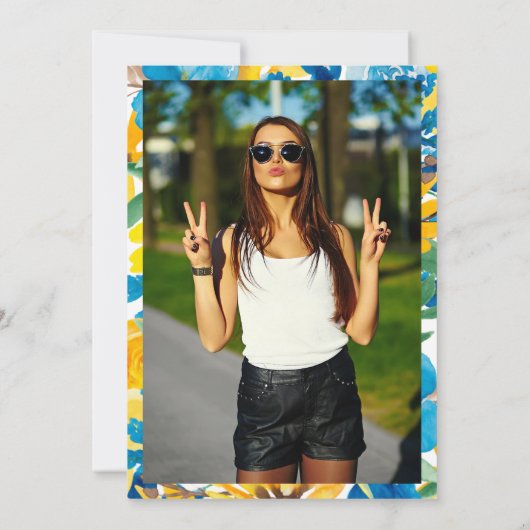 モダン秋ブルーイエローフローラシック写真甘い16 招待状 (裏面)