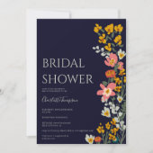 モダン秋レトロな花ネイビーブルーブライダルシャワー 招待状