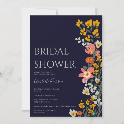 モダン秋レトロな花ネイビーブルーブライダルシャワー 招待状 (正面)