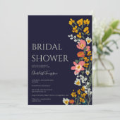 モダン秋レトロな花ネイビーブルーブライダルシャワー 招待状