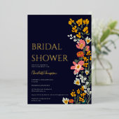モダン秋レトロな花ネイビーブルーブライダルシャワー 箔招待状 (立ち正面)
