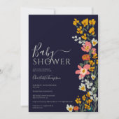 モダン秋レトロな花ネイビーブルーベビーシャワー 招待状 (正面)